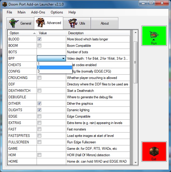 Doom P.A.L - Advanced options screen